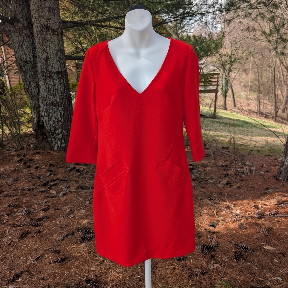 Trina Turk Red Orange V Neck Midi Shift Dress Size 4